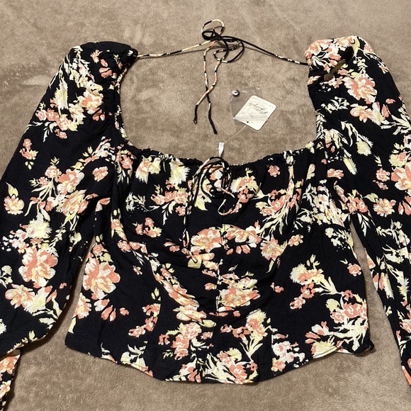 Free People Hilary Floral Print Long Puffed Sleeve Tie Back Smocked - Picture 5 of 16